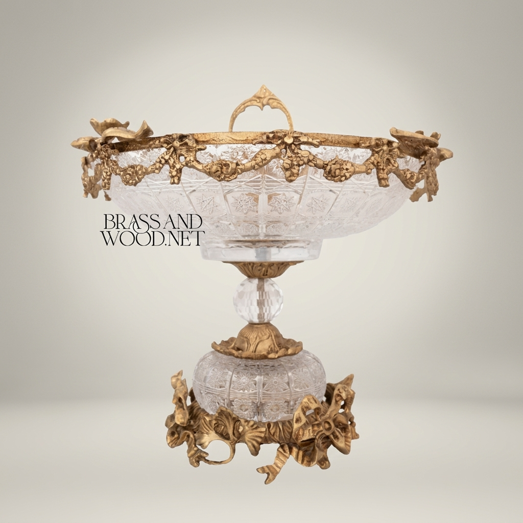 Classical Crystal & Brass Pedestal Candy Dish - Floral Swag & Sphere Base — Antique Gold