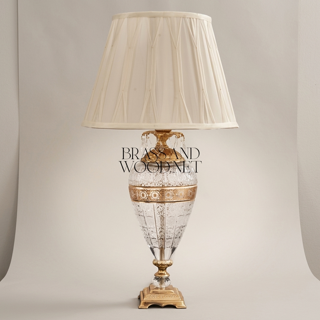Classical Crystal & Brass Table Lamp - Hand-Engraved Urn Body with Ornate Metal Band