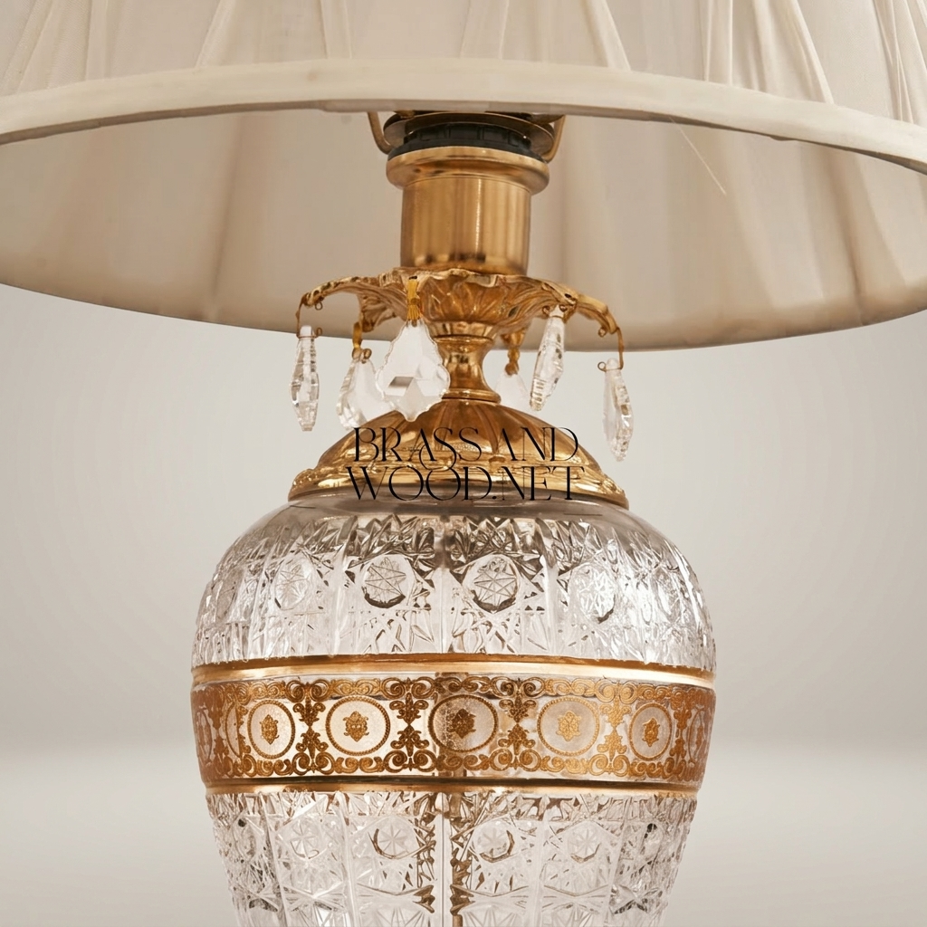 Classical Crystal & Brass Table Lamp - Hand-Engraved Urn Body with Ornate Metal Band — Gold