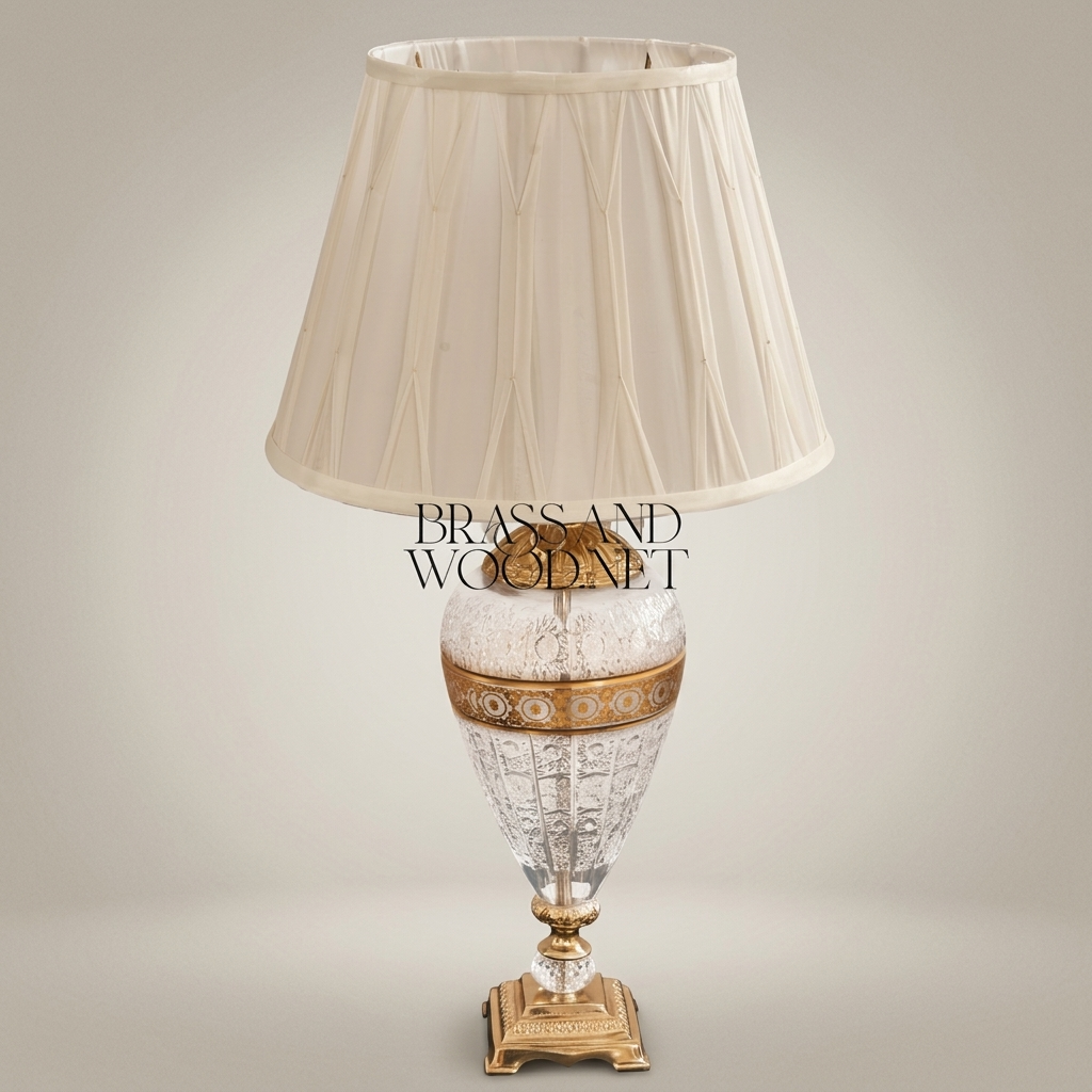 Classical Crystal & Brass Table Lamp - Hand-Engraved Urn Body with Ornate Metal Band