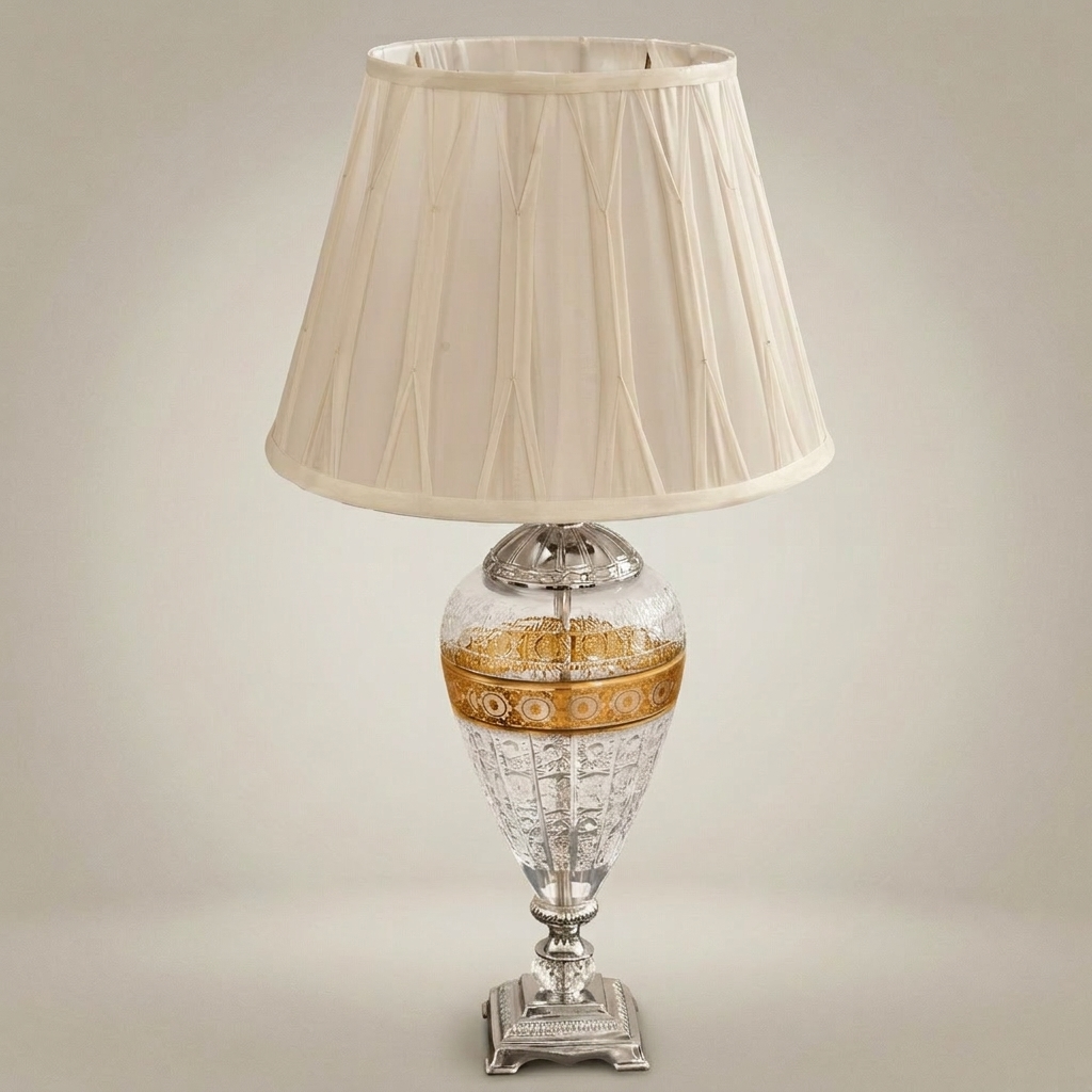 Classical Crystal & Brass Table Lamp - Hand-Engraved Urn Body with Ornate Metal Band — Silver
