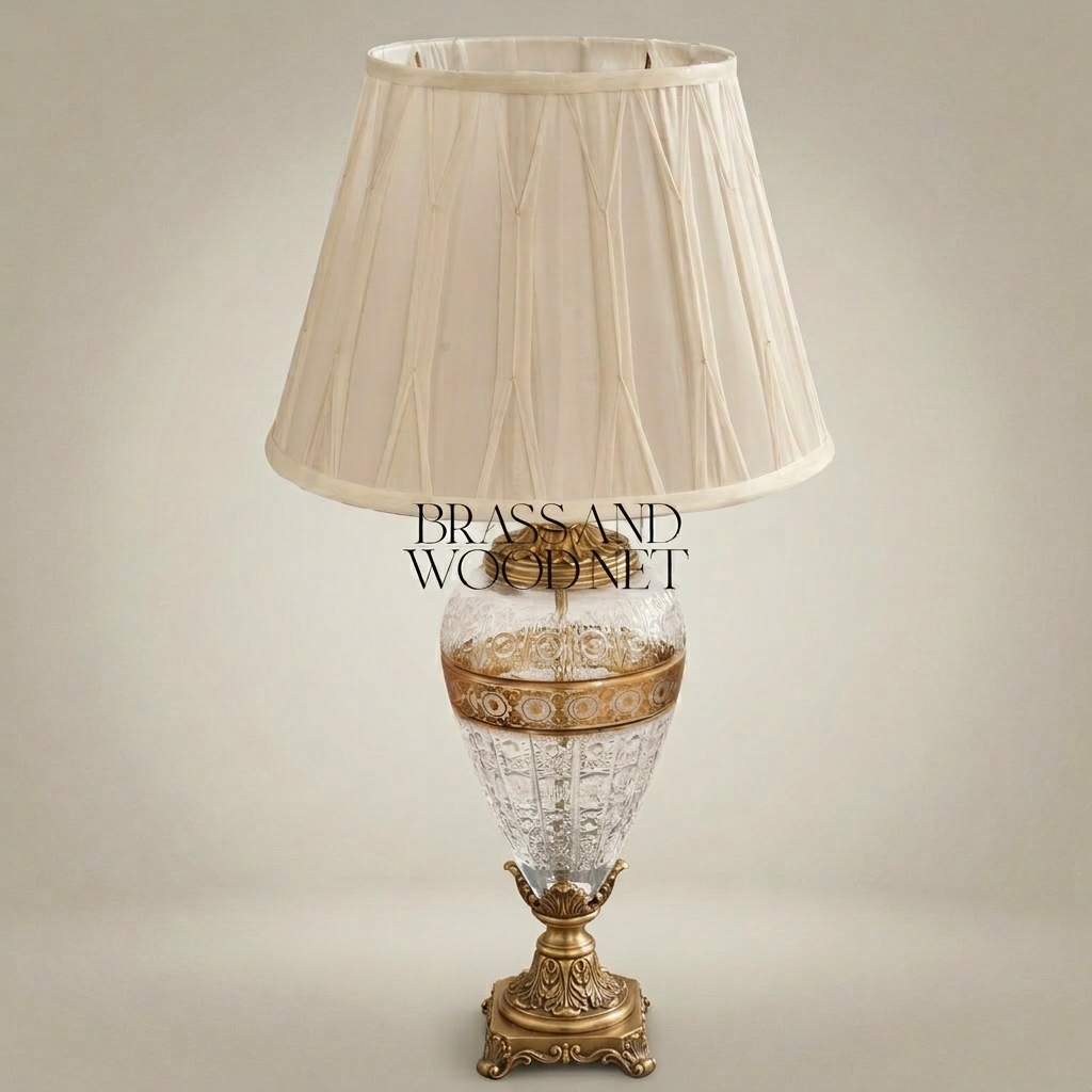 Classical Crystal & Brass Table Lamp - Hand-Engraved Urn Body with Ornate Metal Band — Antique Gold