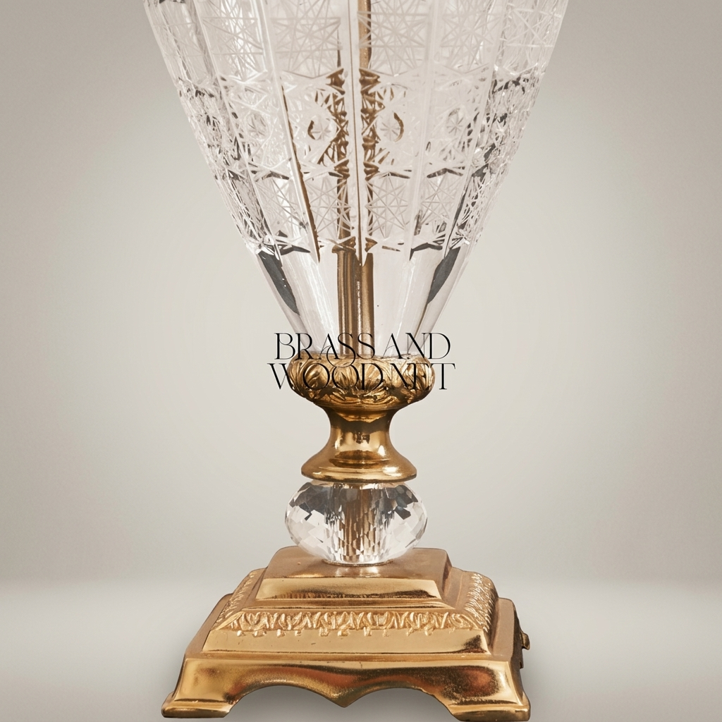 Classical Crystal & Brass Table Lamp - Hand-Engraved Urn Body with Ornate Metal Band — Gold