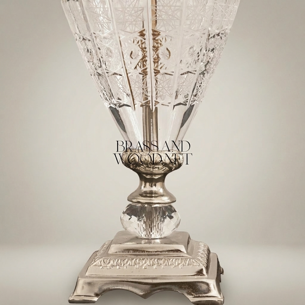 Classical Crystal & Brass Table Lamp - Hand-Engraved Urn Body with Ornate Metal Band — Silver