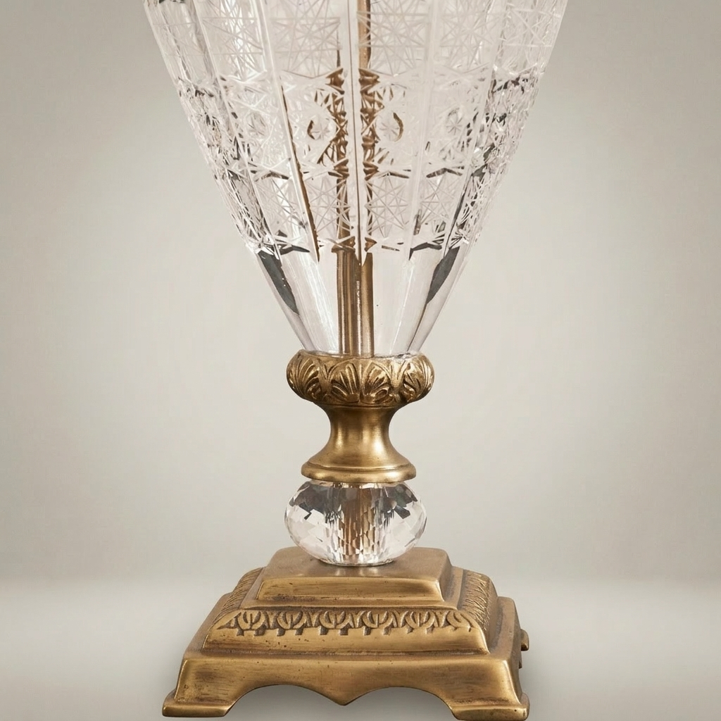 Classical Crystal & Brass Table Lamp - Hand-Engraved Urn Body with Ornate Metal Band — Antique Gold