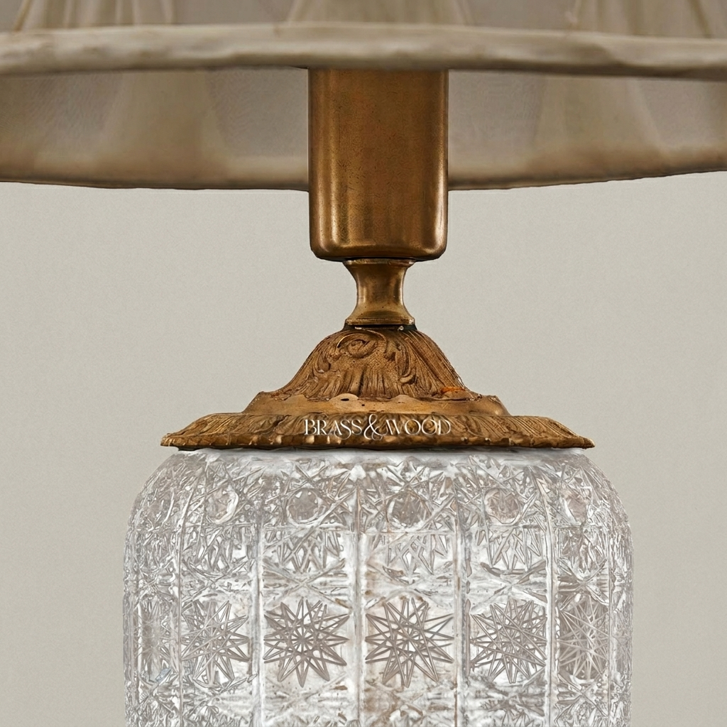 Classical Crystal & Brass Table Lamp - Star-Cut Body with Ornate Foliage Base — Antique Gold