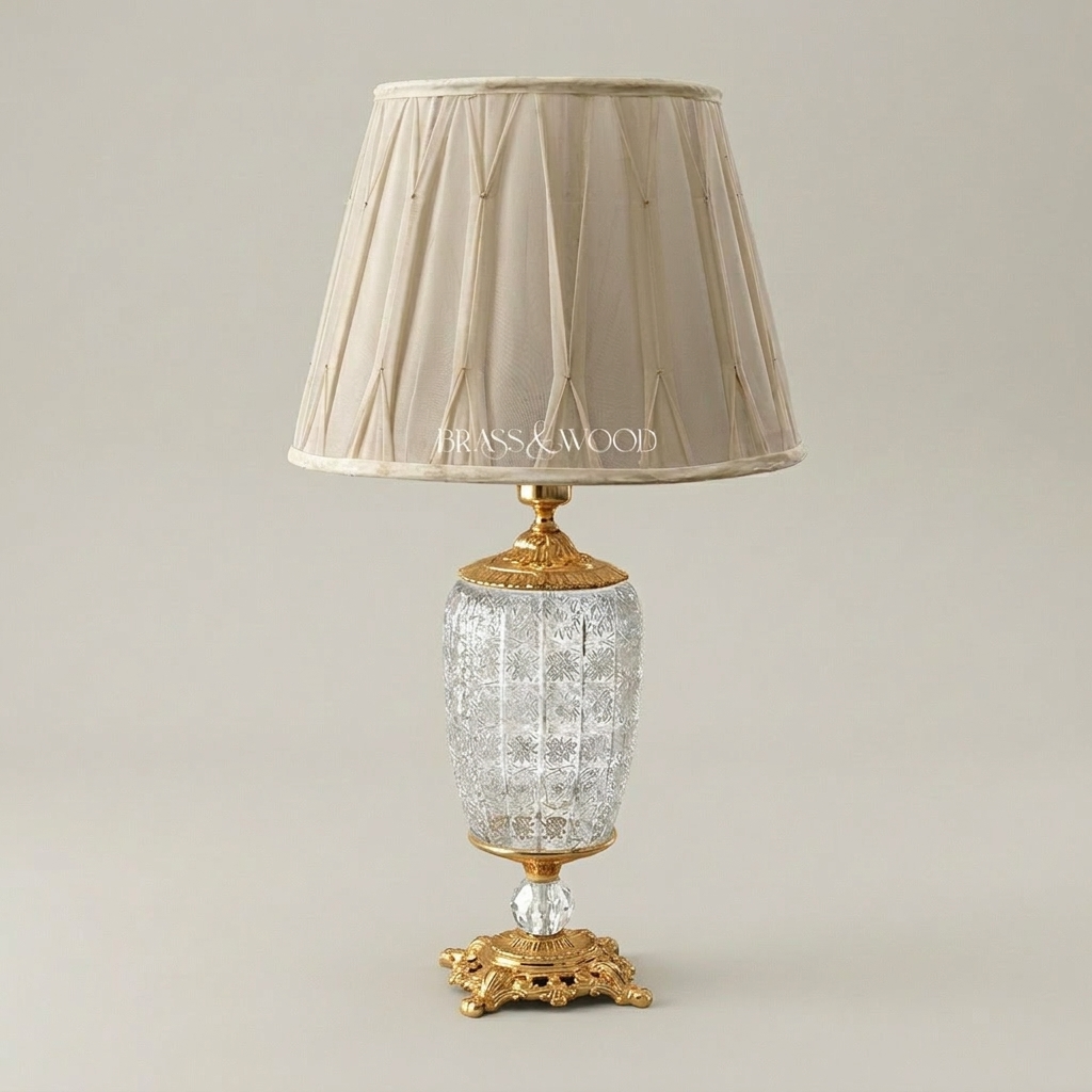 Classical Crystal & Brass Table Lamp - Star-Cut Body with Ornate Foliage Base — Gold