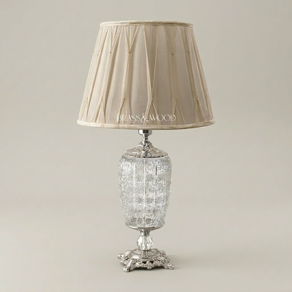 Classical Crystal & Brass Table Lamp - Star-Cut Body with Ornate Foliage Base — Silver