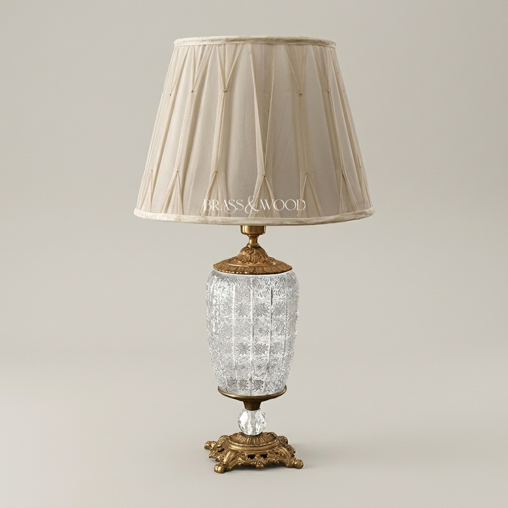 Classical Crystal & Brass Table Lamp - Star-Cut Body with Ornate Foliage Base — Antique Gold