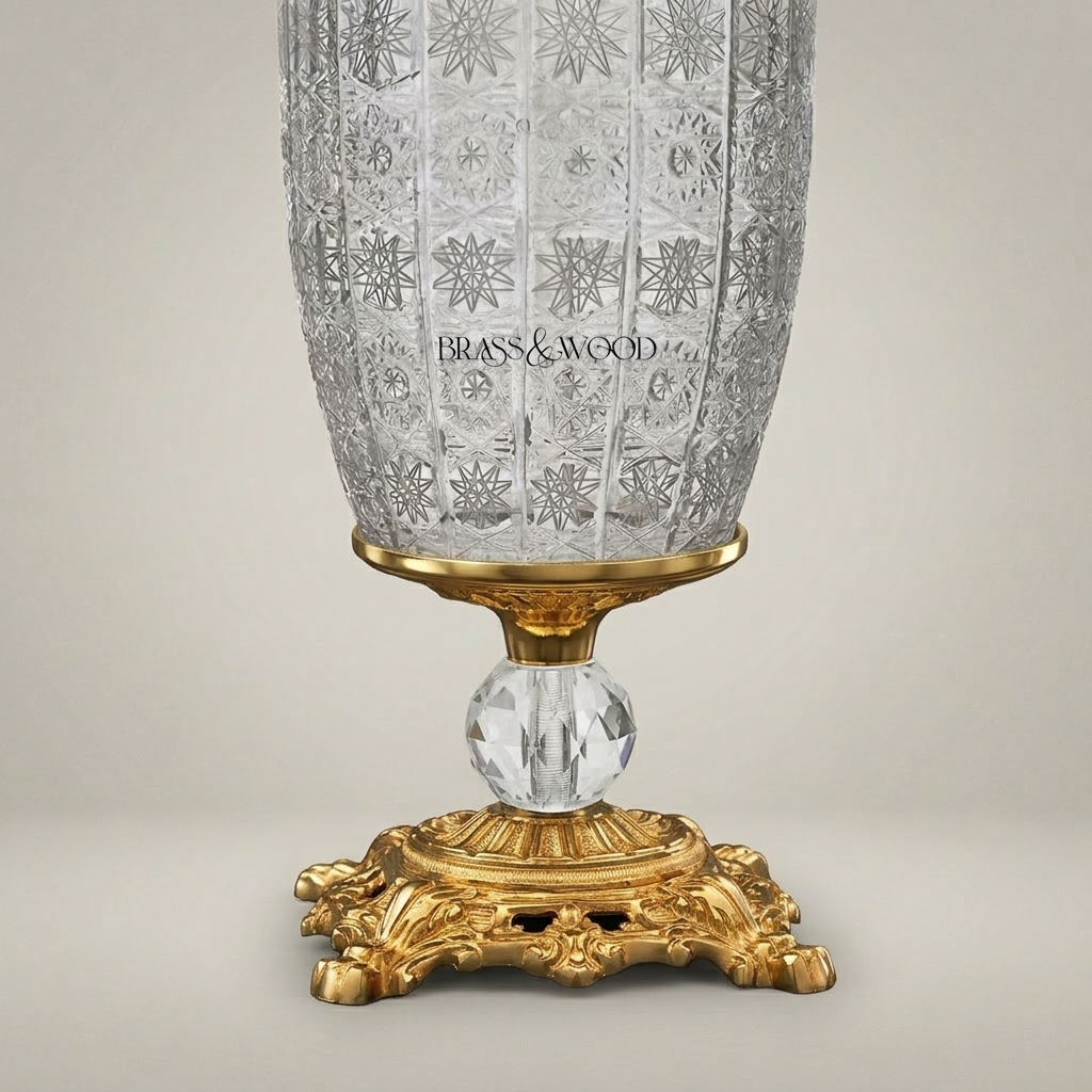 Classical Crystal & Brass Table Lamp - Star-Cut Body with Ornate Foliage Base — Gold