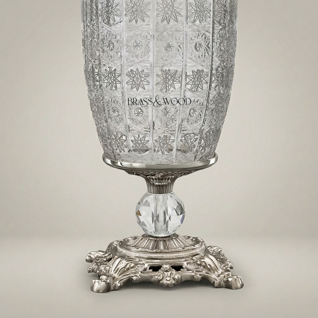 Classical Crystal & Brass Table Lamp - Star-Cut Body with Ornate Foliage Base — Silver
