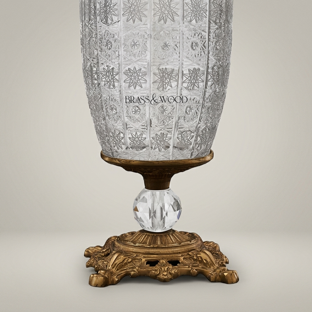 Classical Crystal & Brass Table Lamp - Star-Cut Body with Ornate Foliage Base — Antique Gold