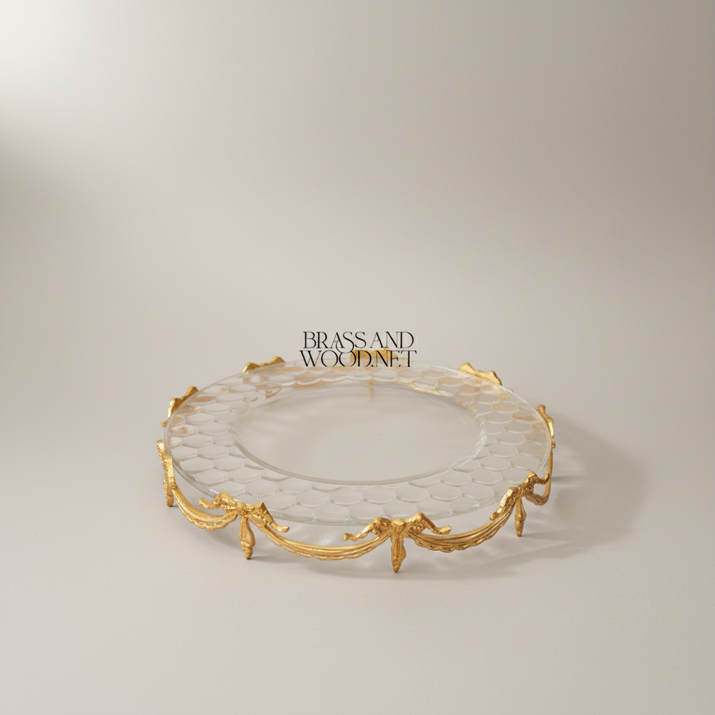 Classical Crystal & Brass Tray with Draped Swag Legs - 34cm Round — Gold