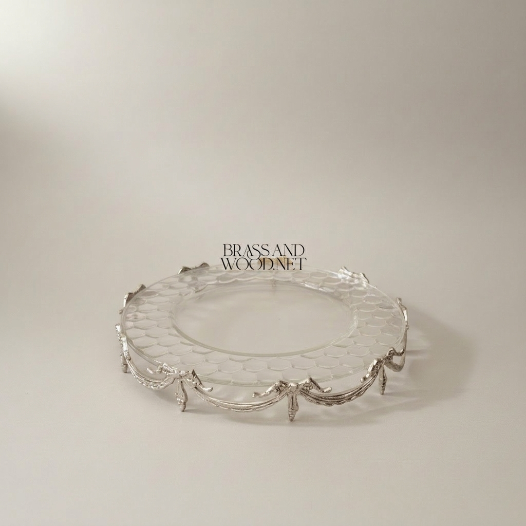 Classical Crystal & Brass Tray with Draped Swag Legs - 34cm Round — Silver