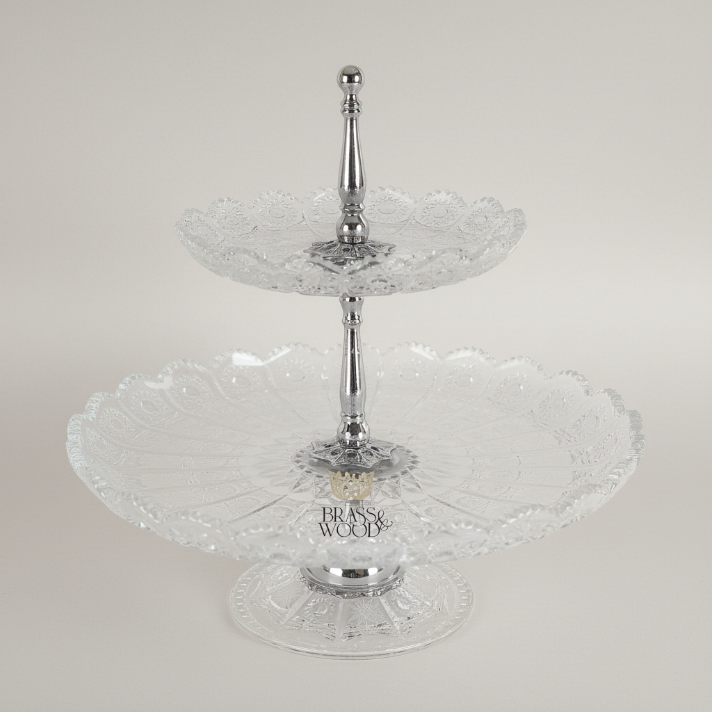 Classical Crystal & Brass Two-Tier Serving Stand - Ornate Scalloped Trays — Silver