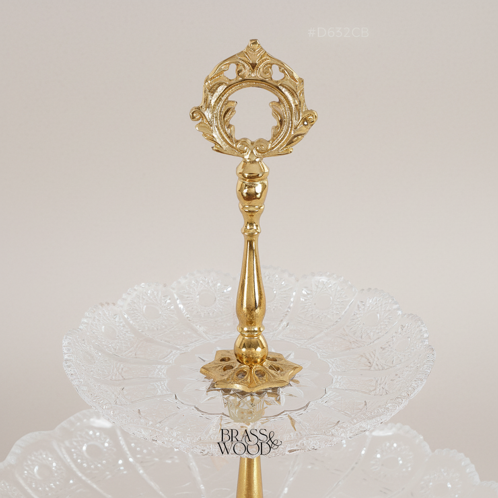 Classical Crystal & Brass Two-Tier Serving Stand - Ornate Scalloped Trays — Gold