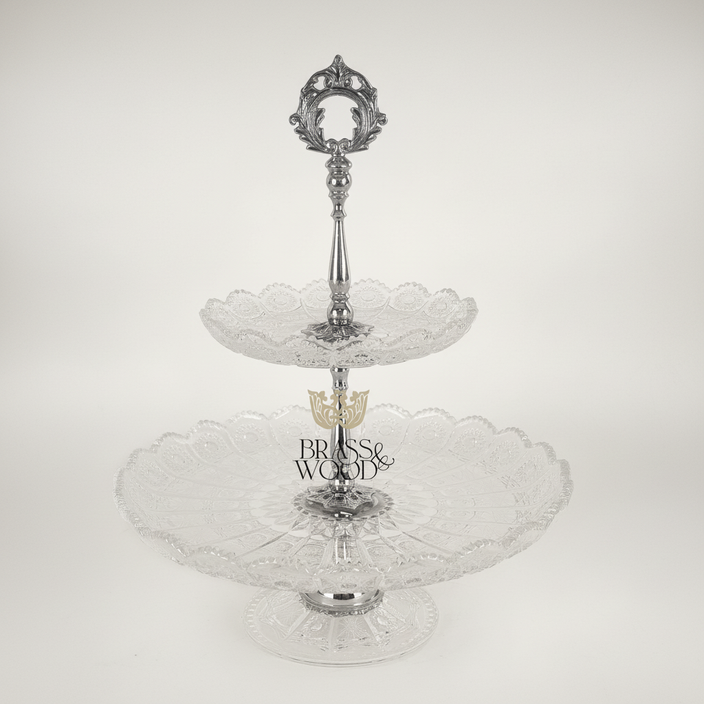 Classical Crystal & Brass Two-Tier Serving Stand - Ornate Scalloped Trays — Silver