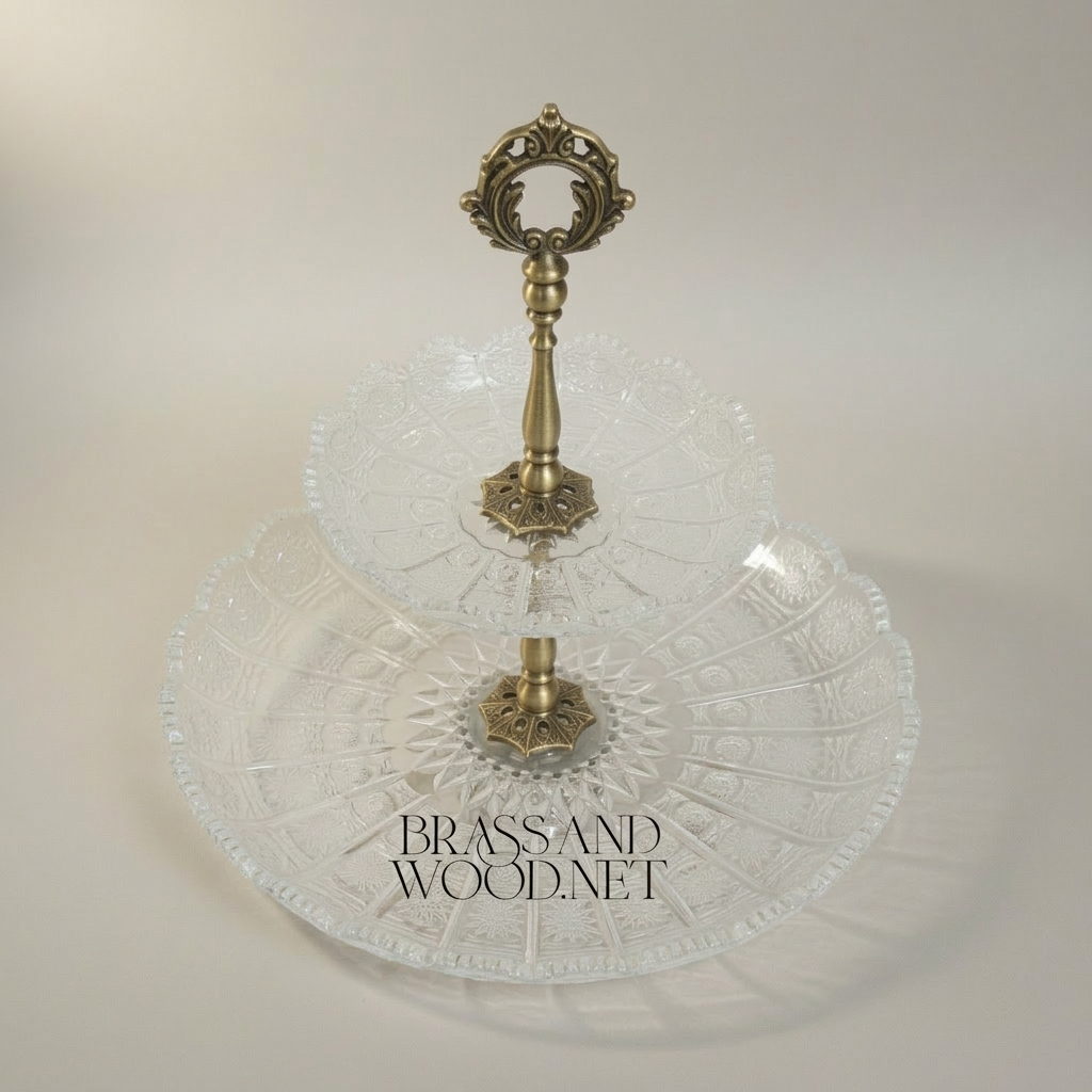 Classical Crystal & Brass Two-Tier Serving Stand - Ornate Scalloped Trays — Antique Gold