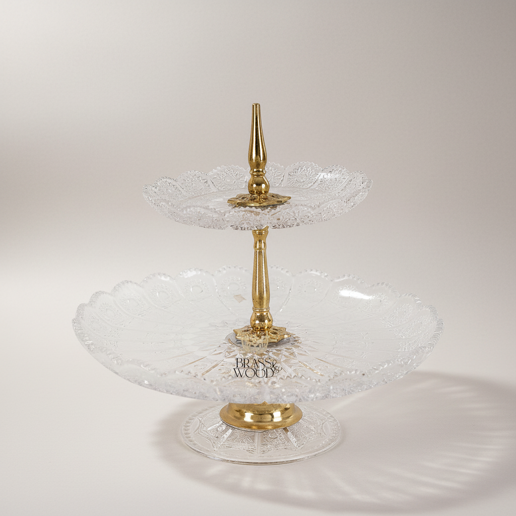 Classical Crystal & Brass Two-Tier Serving Stand - Ornate Scalloped Trays — Gold