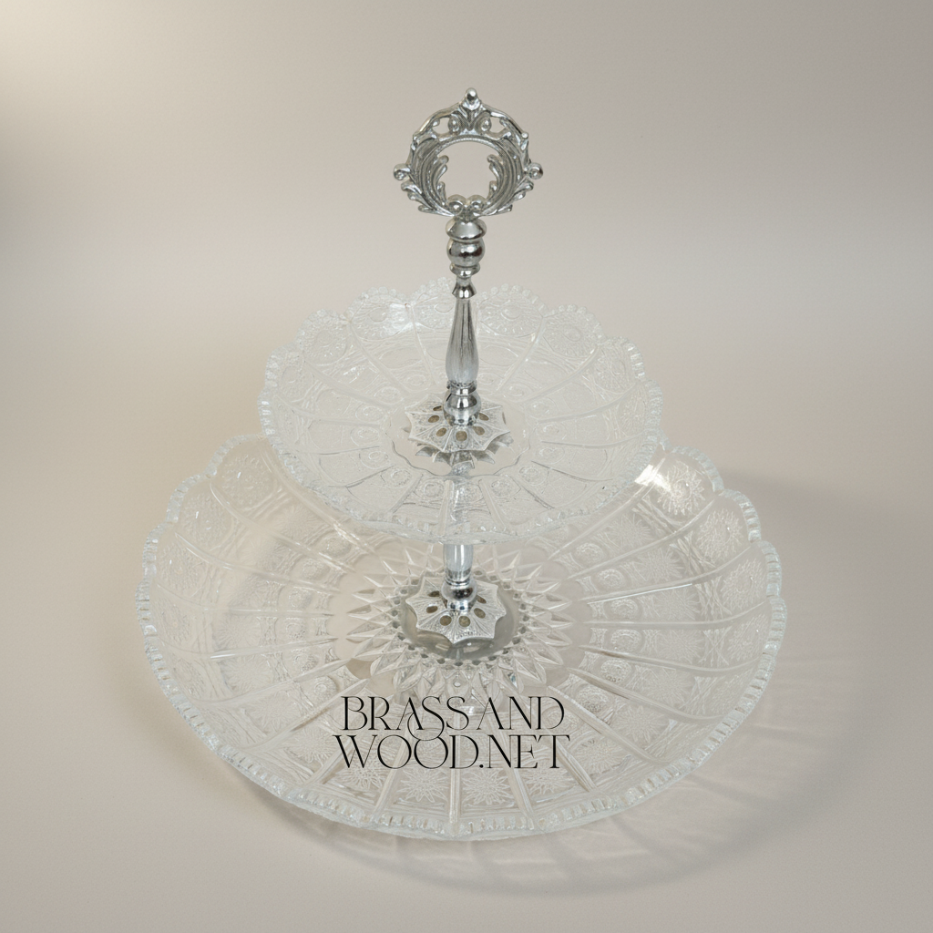 Classical Crystal & Brass Two-Tier Serving Stand - Ornate Scalloped Trays — Silver