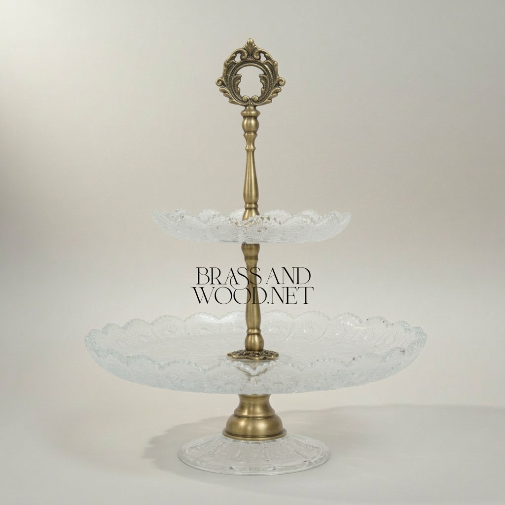 Classical Crystal & Brass Two-Tier Serving Stand - Ornate Scalloped Trays