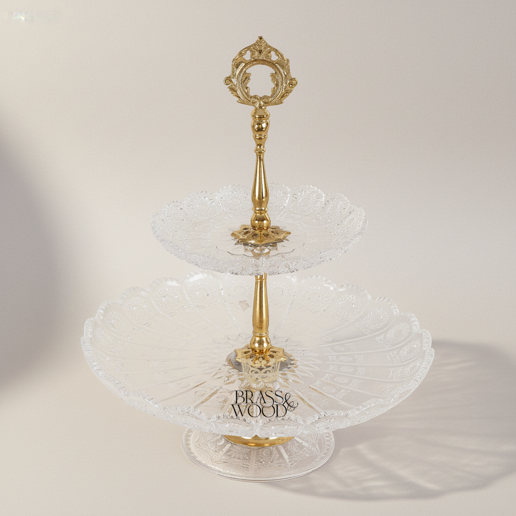 Classical Crystal & Brass Two-Tier Serving Stand - Ornate Scalloped Trays — Gold