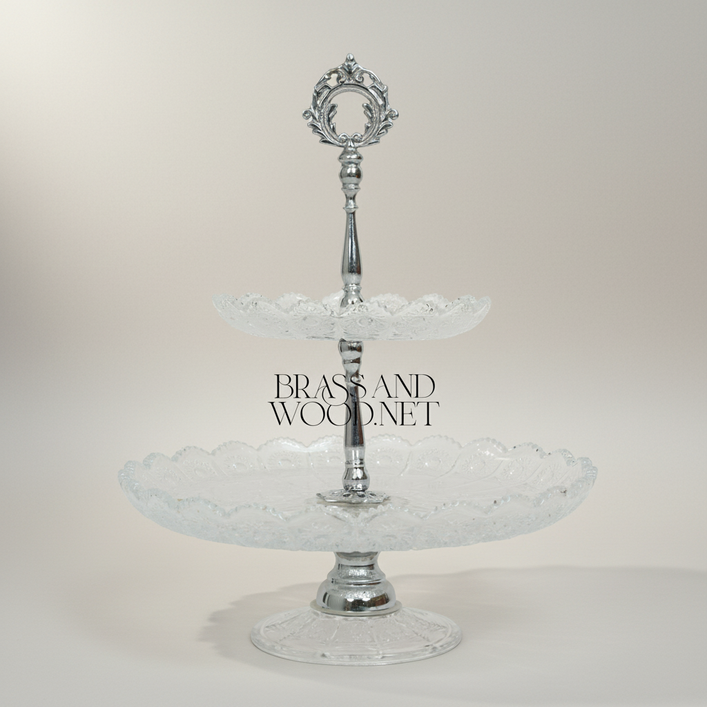 Classical Crystal & Brass Two-Tier Serving Stand - Ornate Scalloped Trays — Silver
