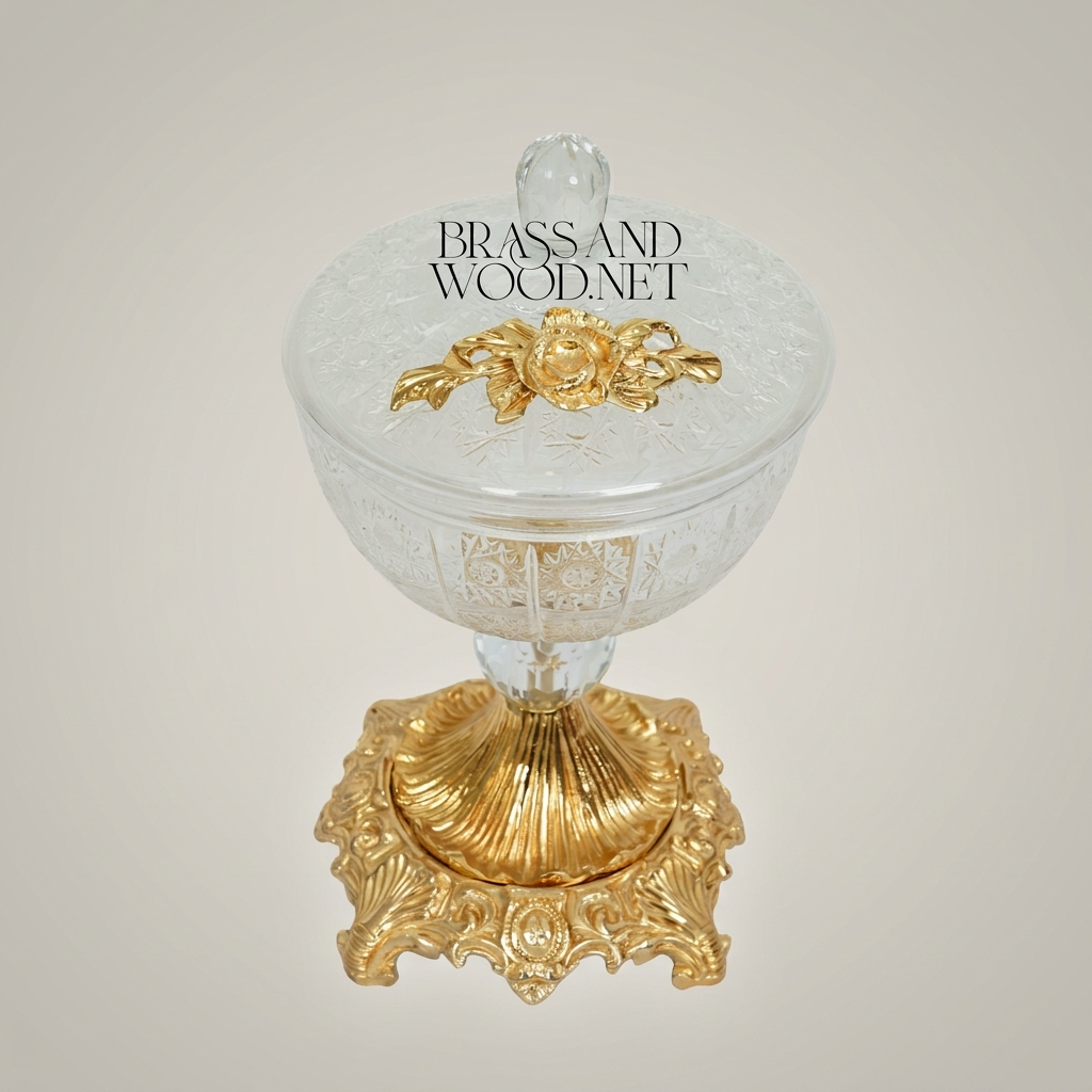 Classical Crystal Candy Dish with Floral Brass Stem & Ornate Base — Antique Gold