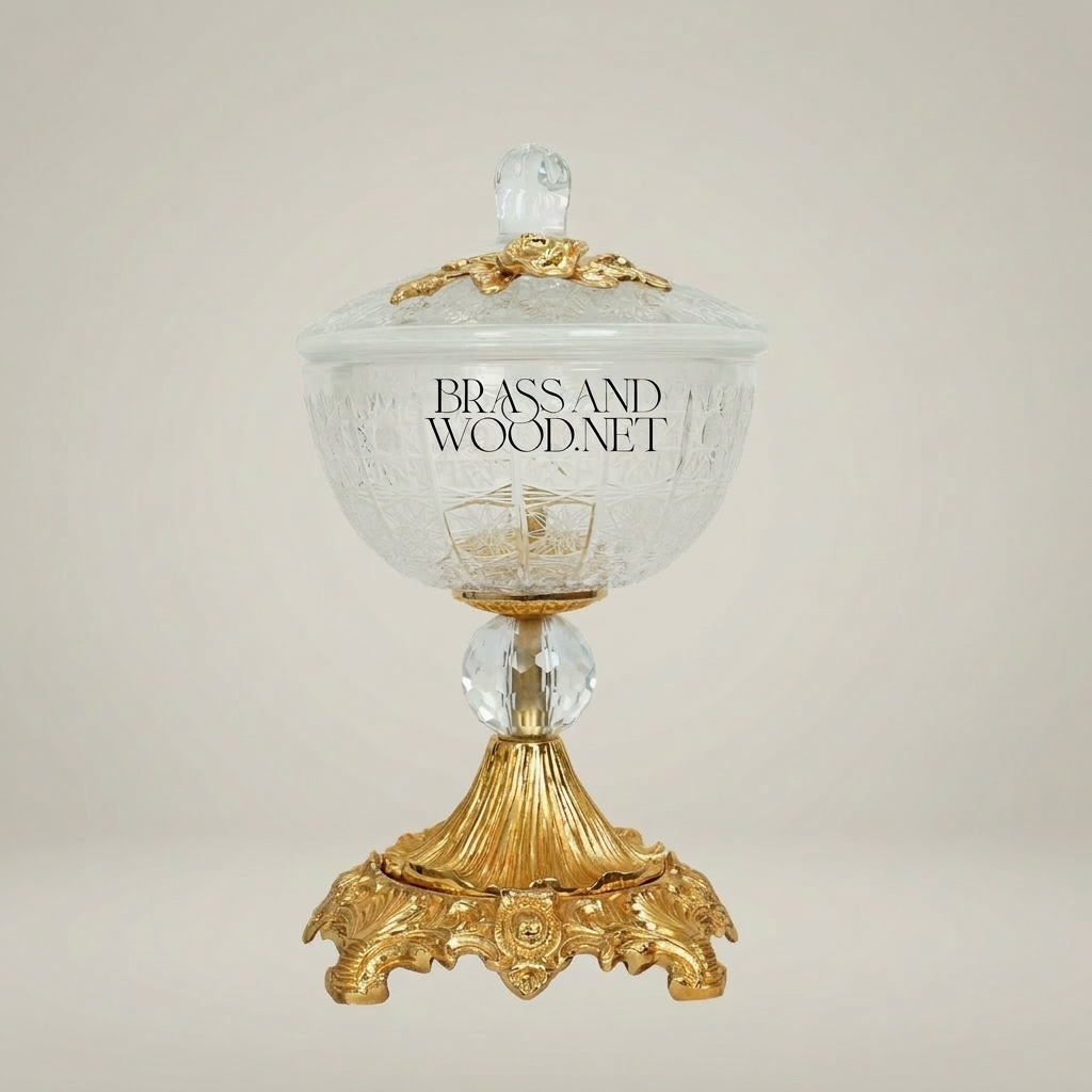 Classical Crystal Candy Dish with Floral Brass Stem & Ornate Base — Gold