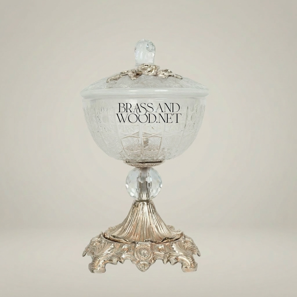 Classical Crystal Candy Dish with Floral Brass Stem & Ornate Base — Silver