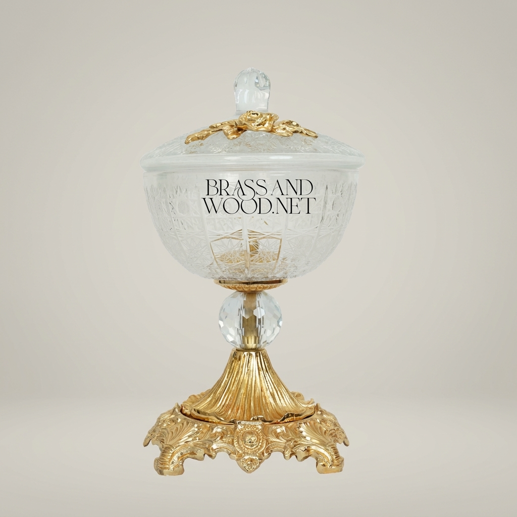 Classical Crystal Candy Dish with Floral Brass Stem & Ornate Base — Antique Gold