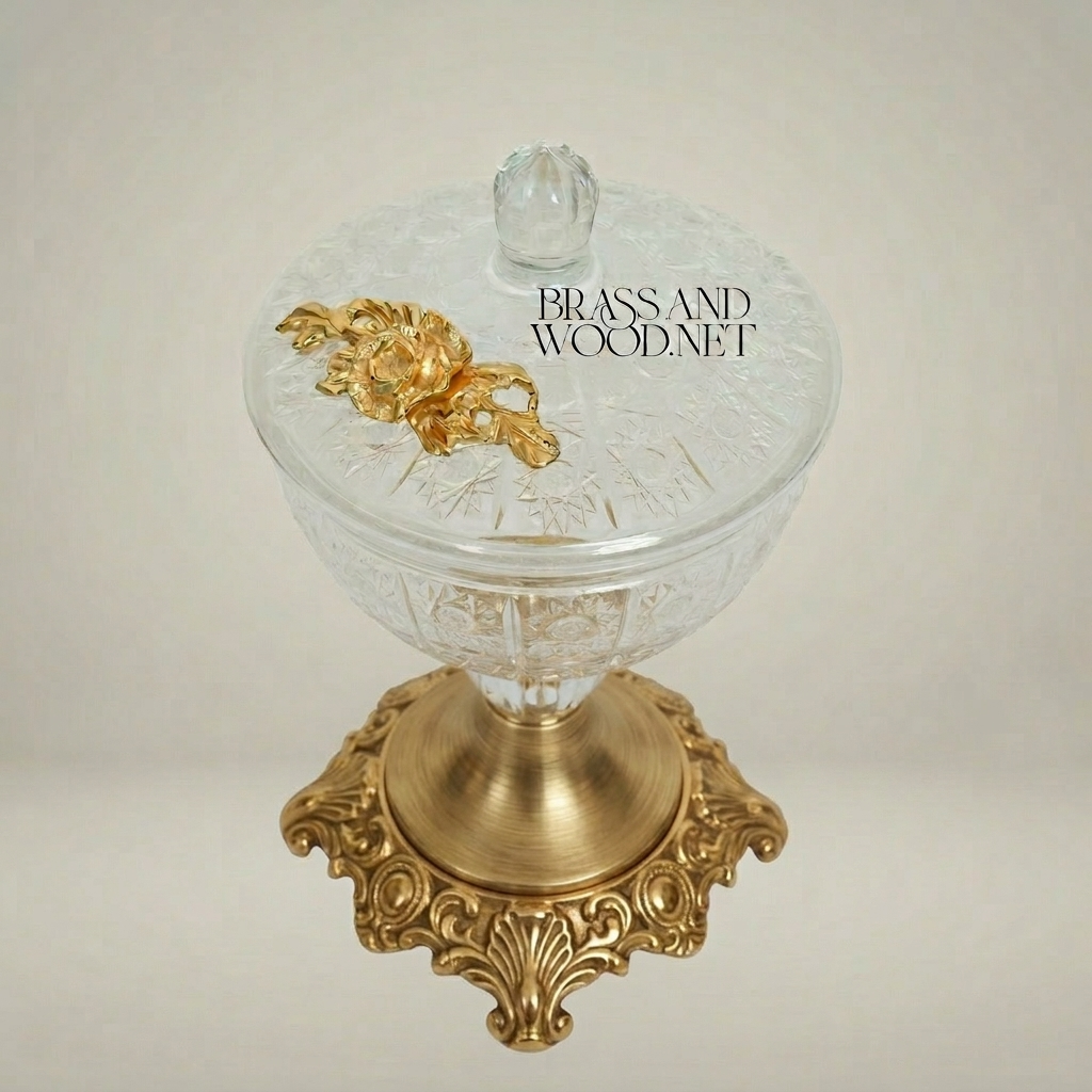 Classical Crystal Candy Dish with Floral Brass Stem & Ornate Base