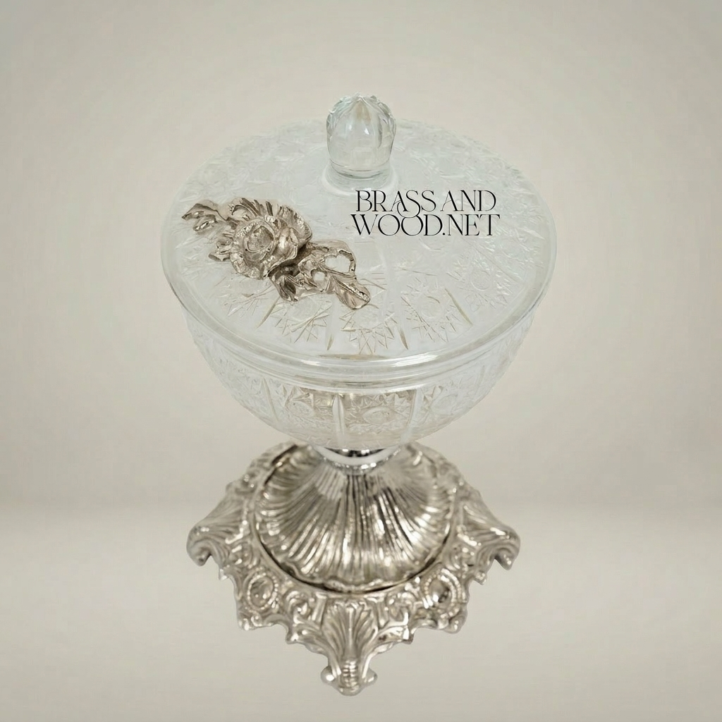 Classical Crystal Candy Dish with Floral Brass Stem & Ornate Base — Silver