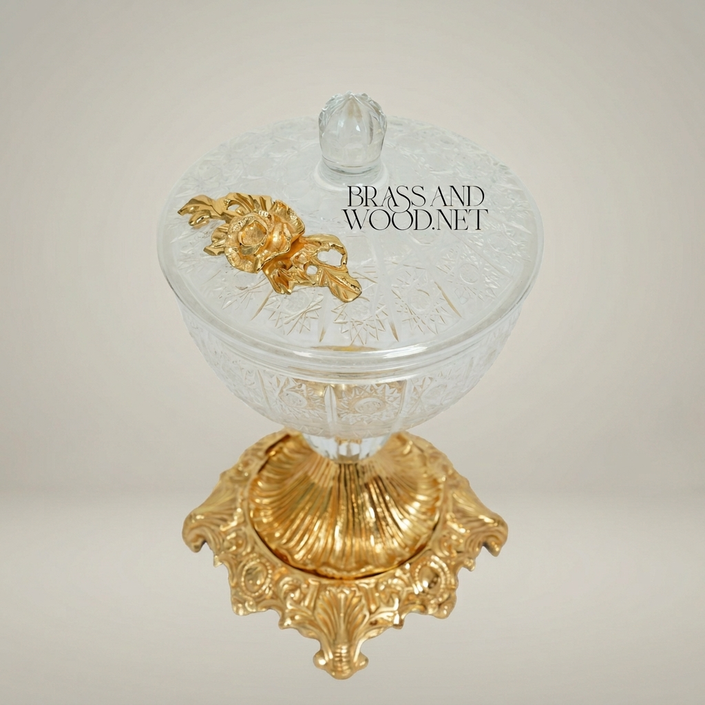Classical Crystal Candy Dish with Floral Brass Stem & Ornate Base — Antique Gold