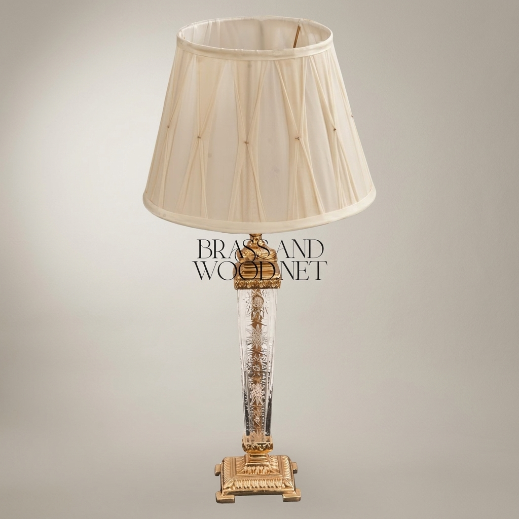 Classical Crystal Column Table Lamp - Engraved Star-Cut Base & Ivory Pleated Shade — Gold