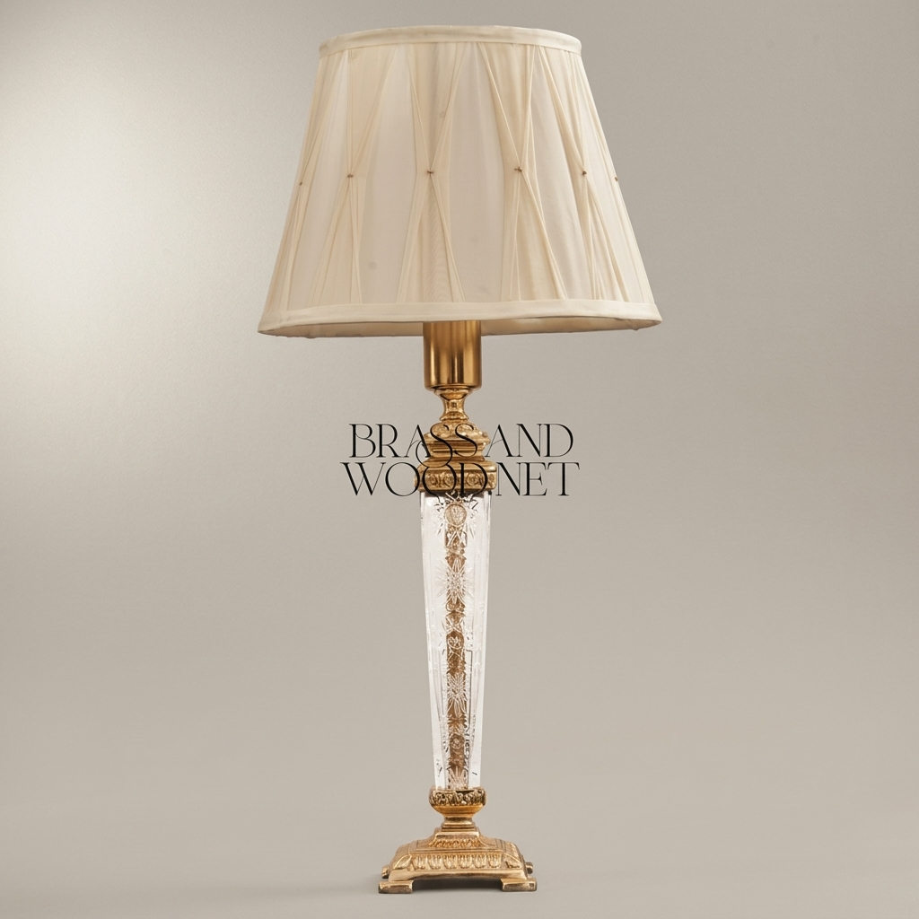 Classical Crystal Column Table Lamp - Engraved Star-Cut Base & Ivory Pleated Shade