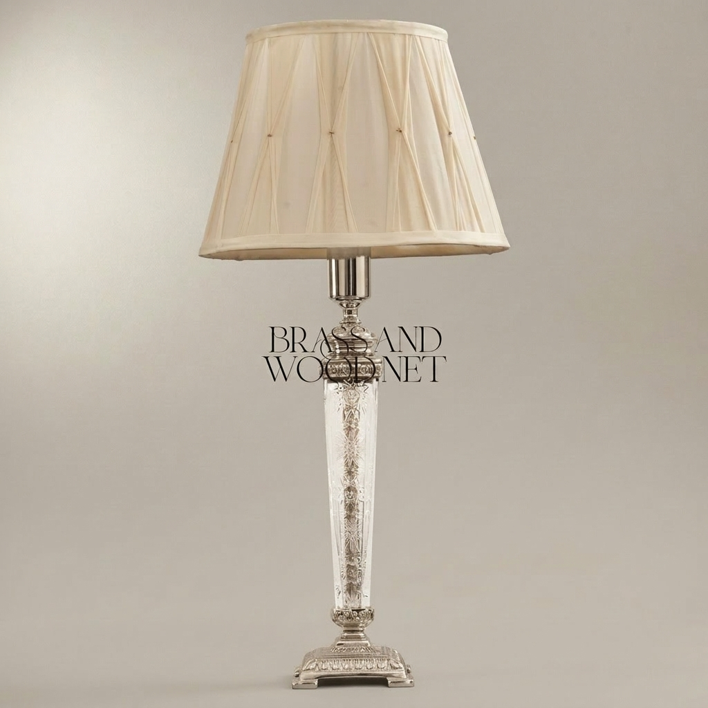 Classical Crystal Column Table Lamp - Engraved Star-Cut Base & Ivory Pleated Shade — Silver