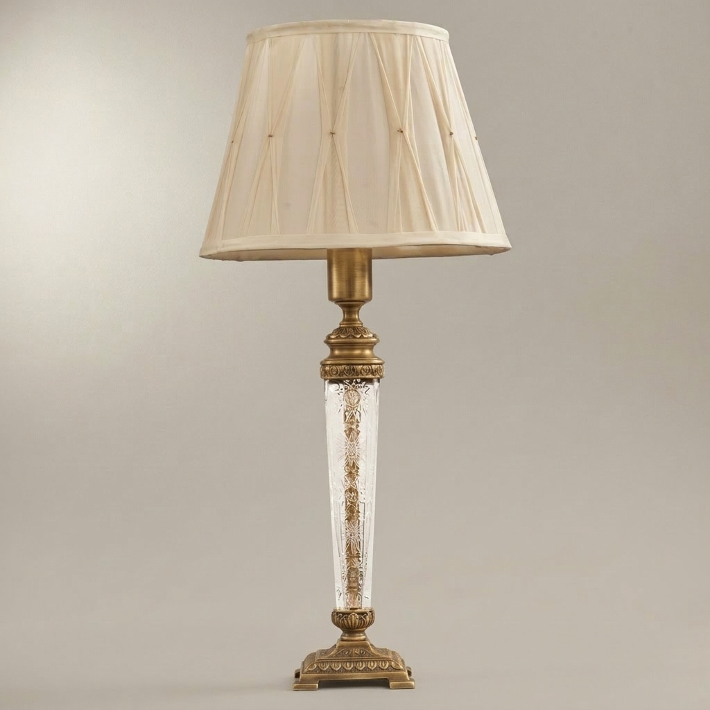 Classical Crystal Column Table Lamp - Engraved Star-Cut Base & Ivory Pleated Shade — Antique Gold