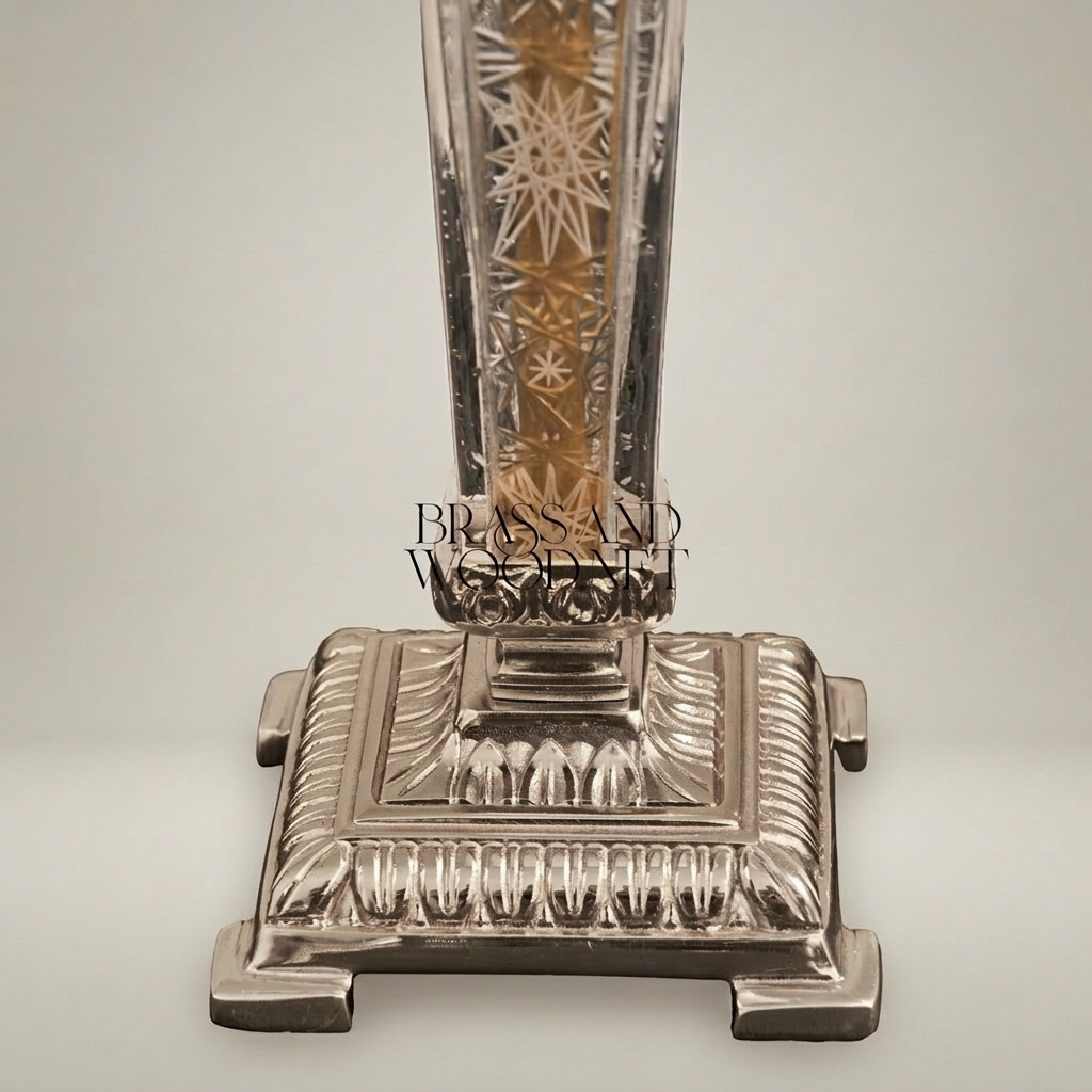 Classical Crystal Column Table Lamp - Engraved Star-Cut Base & Ivory Pleated Shade — Silver
