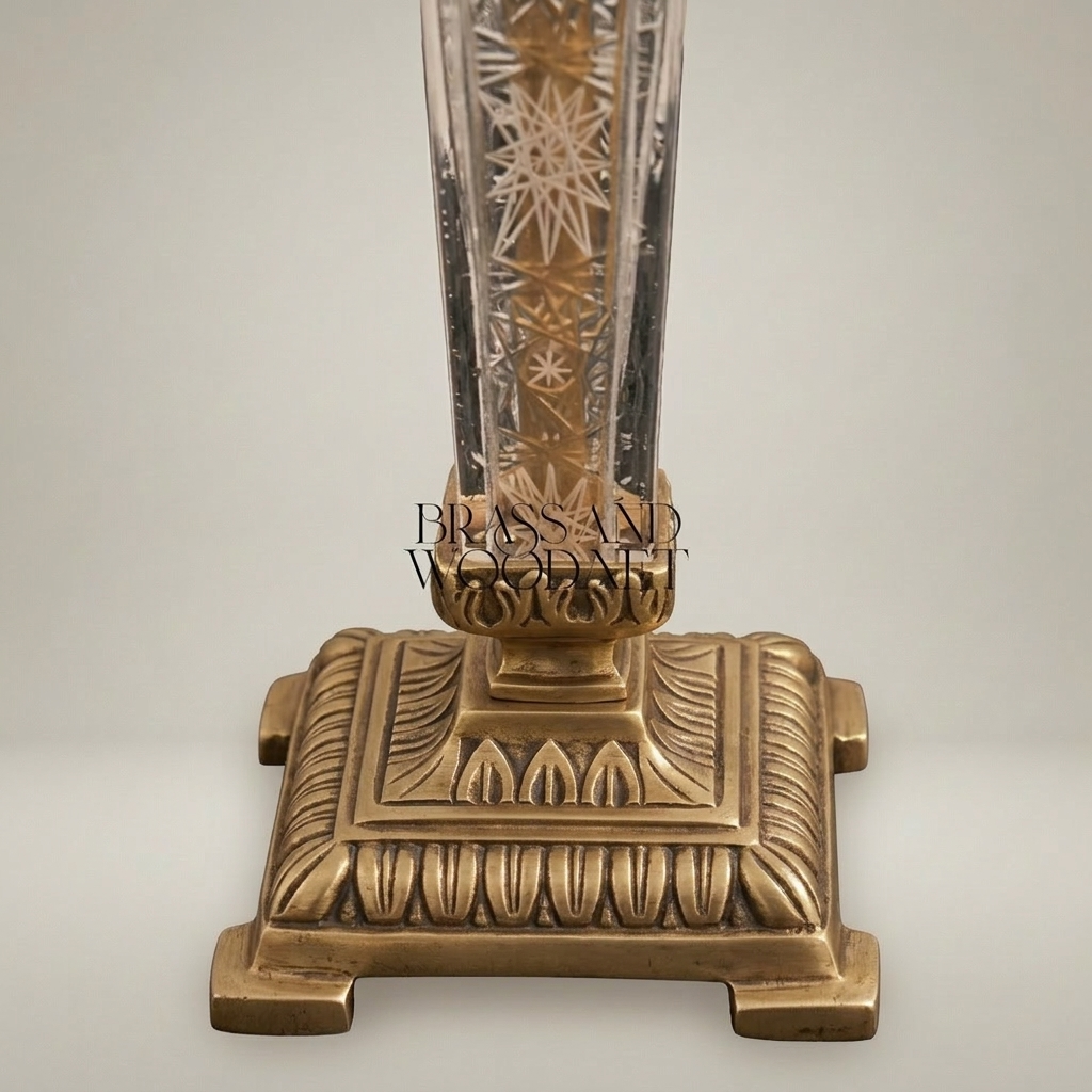 Classical Crystal Column Table Lamp - Engraved Star-Cut Base & Ivory Pleated Shade — Antique Gold