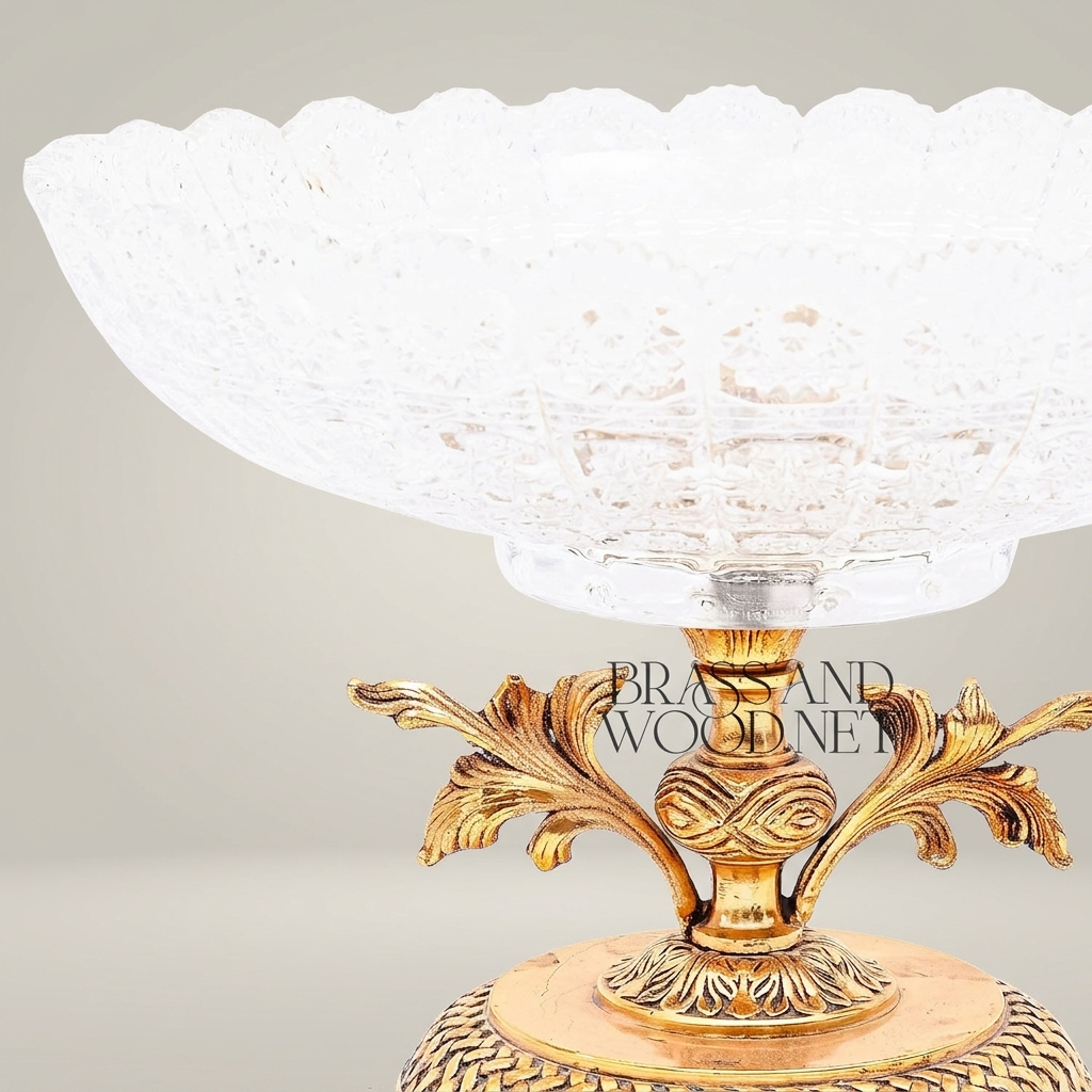 Classical Crystal Compote Dish with Ornate Brass Pedestal & Acanthus Stem