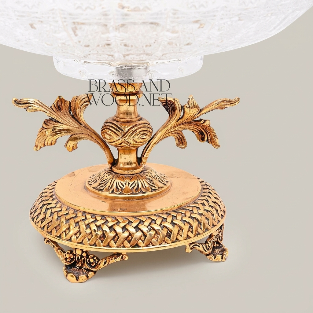 Classical Crystal Compote Dish with Ornate Brass Pedestal & Acanthus Stem