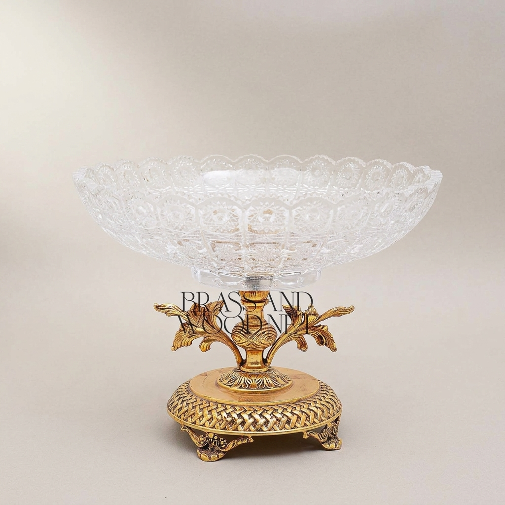Classical Crystal Compote Dish with Ornate Brass Pedestal & Acanthus Stem