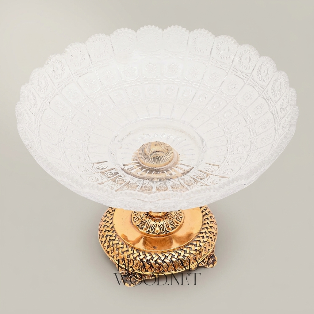 Classical Crystal Compote Dish with Ornate Brass Pedestal & Acanthus Stem