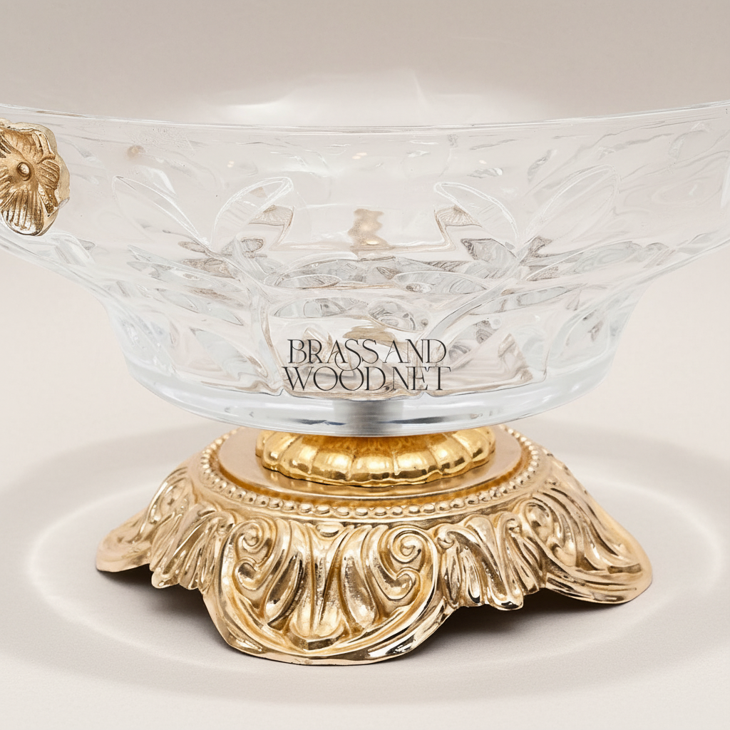 Classical Crystal Fruit Bowl with Ornate Brass Acanthus Base & Floral Accents — Gold