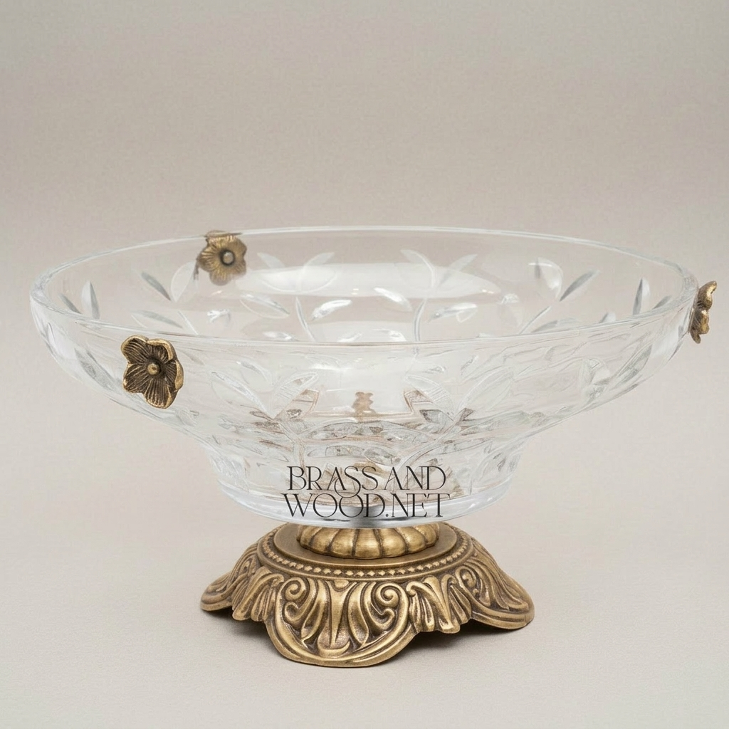 Classical Crystal Fruit Bowl with Ornate Brass Acanthus Base & Floral Accents