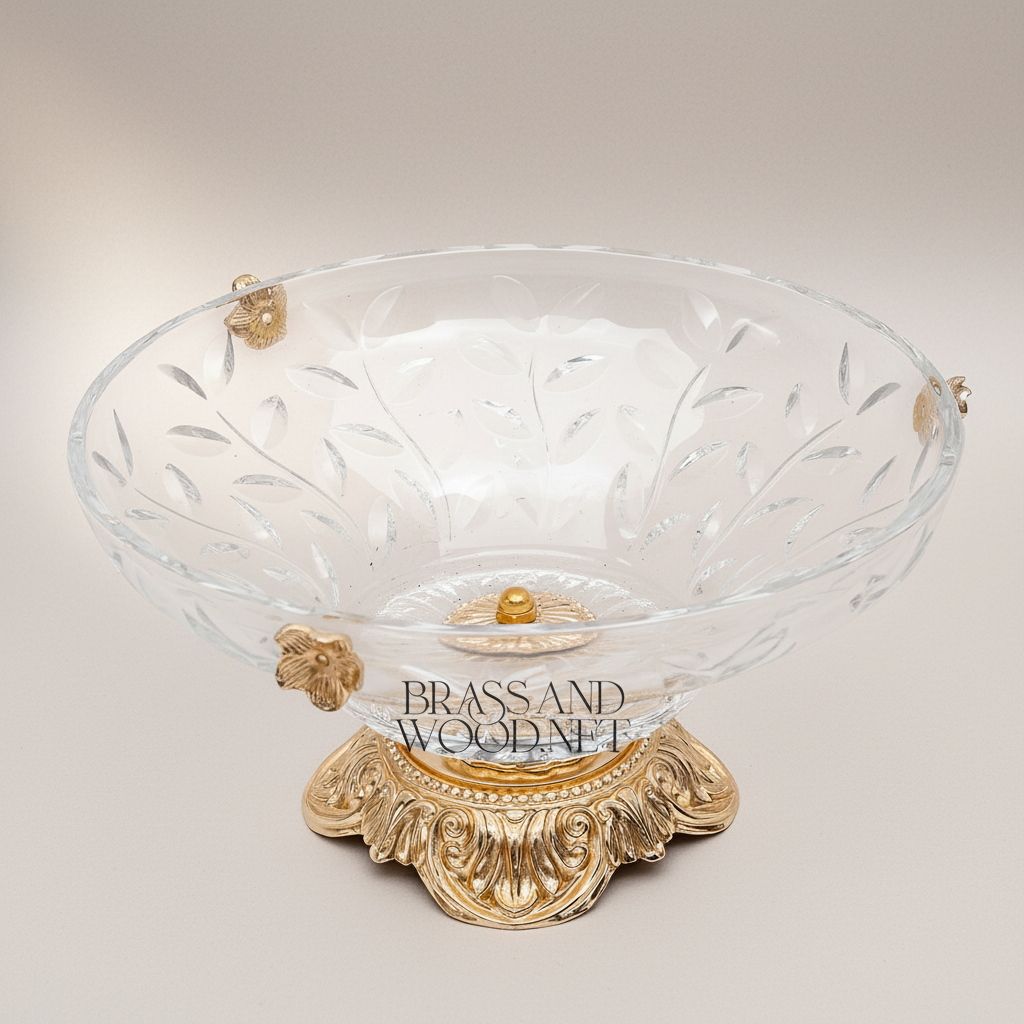 Classical Crystal Fruit Bowl with Ornate Brass Acanthus Base & Floral Accents — Gold