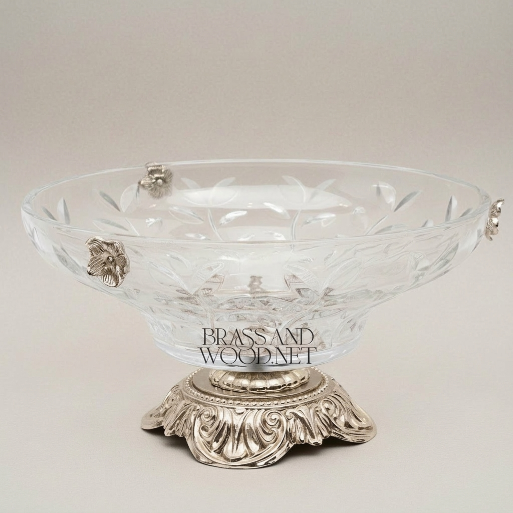 Classical Crystal Fruit Bowl with Ornate Brass Acanthus Base & Floral Accents — Silver