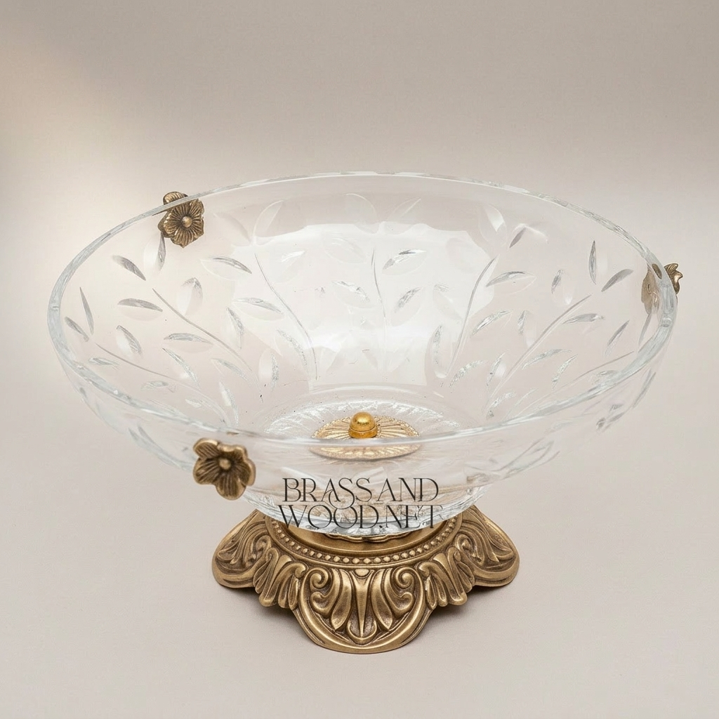 Classical Crystal Fruit Bowl with Ornate Brass Acanthus Base & Floral Accents