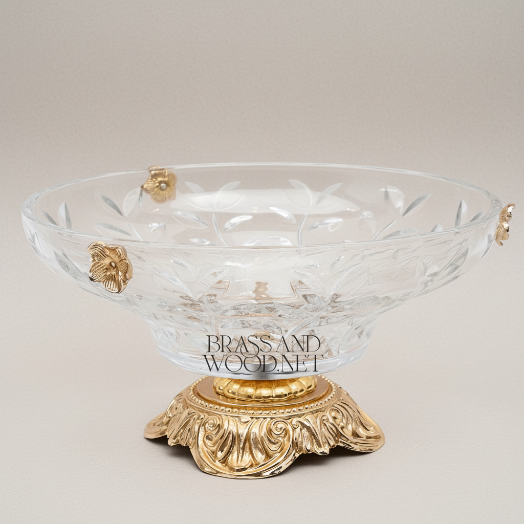Classical Crystal Fruit Bowl with Ornate Brass Acanthus Base & Floral Accents — Gold